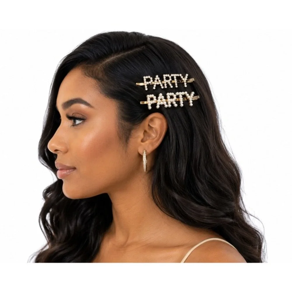 H&M‎ PARTY Hair Clip Set Gold Tone Rhinestone Pearl Bobby Pins 2pc New Chic J-01